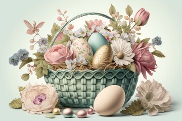 Obraz na płótnie Canvas Easter composition with colored eggs and flowers - Generative Ai