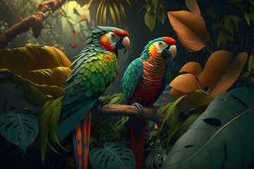 Illustration of a tropical rainforest with parrots.