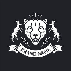 The vintage and decorated logo represents a cheetah with a couple of impalas. Big cat logo clipart. Can be used for labels, banners, or badges. © Afivctr x INF Studio