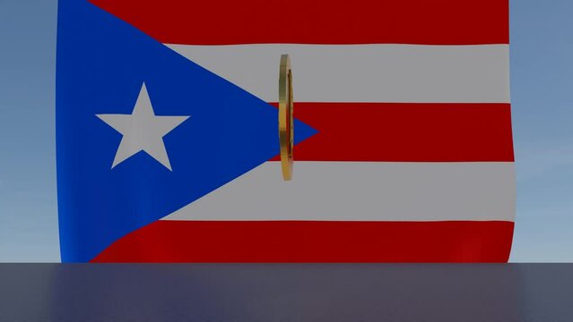 Bitcoin bouncing and spinning in front of Flag of Puerto Rico
