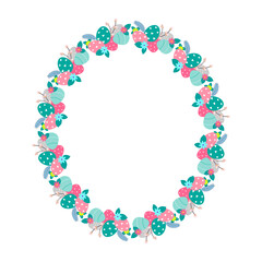 Easter flower wreath . Easter frame with decorated eggs and flowers and symbols of bright Easter