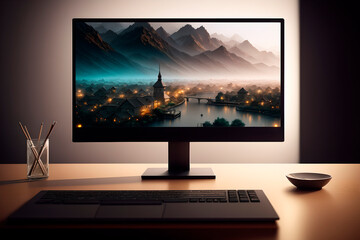 Fototapeta premium monitor on computer table. Generative AI