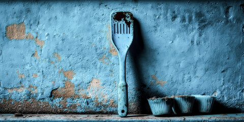 Aged handle of a rusty garden rake, with traces of blue paint, peeking out from a weathered wall - generative ai.
