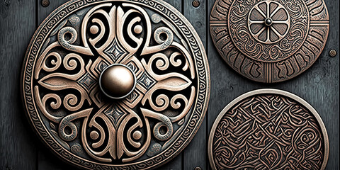 Naklejka premium The weathered door handle of an old door in Trondheim, Norway, is adorned with intricate detail - generative ai.