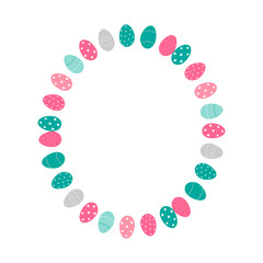 Easter flower wreath . Easter frame with decorated eggs and flowers and symbols of bright Easter