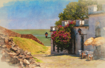 Obraz premium Digital oil impressionistic painting of the cobbled street leading to the River Plate in the Unesco World Heritage site of Colonia del Sacramento