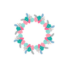 Easter flower wreath . Easter frame with decorated eggs and flowers and symbols of bright Easter