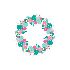 Easter flower wreath . Easter frame with decorated eggs and flowers and symbols of bright Easter