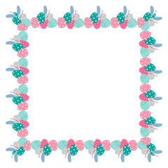Fototapeta na wymiar Easter flower wreath . Easter frame with decorated eggs and flowers and symbols of bright Easter