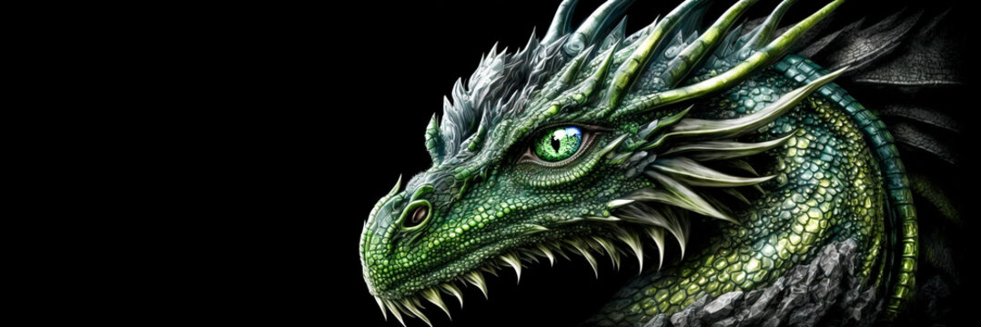 Dragon head and eye close up, Head shot of a green fantasy dragon on black background. Image created with generative ai.	