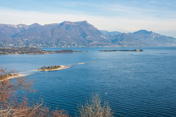 Aerial view of the Lake Garda with the Rabbit Island and the Garda Island from Manerba