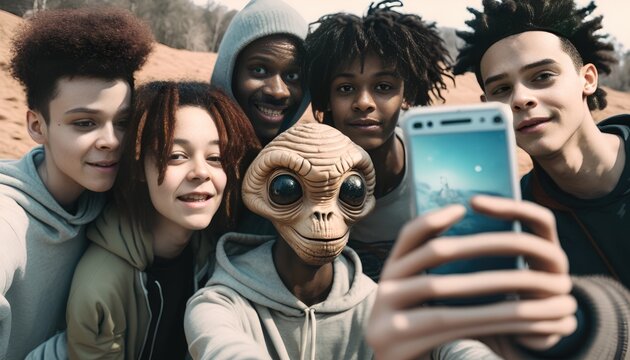 Group of teenagers taking a selfie with an extraterrestrial visitor. Generative AI