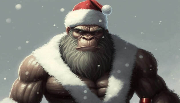 Gorilla With Christmas Hat, Christmas Gorilla, AI, Christmas, Muscle