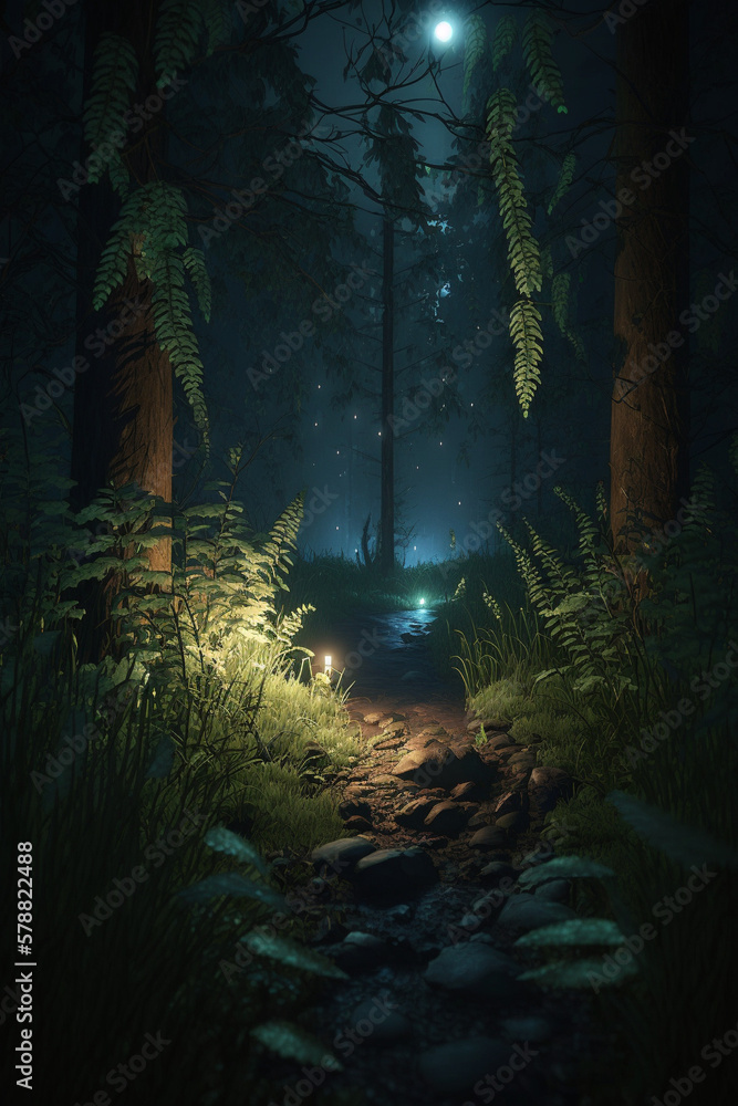 Wall mural night view in the forest generative ai