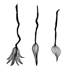 Naklejka premium Cartoon witch brooms set. Halloween magic broom. Vector illustration in cartoon doodle style isolated on white background.