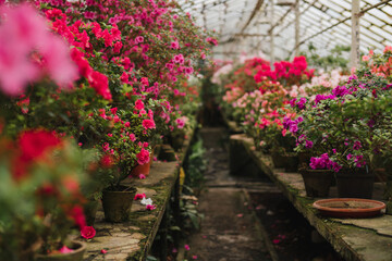 Spring or summer floral background with copy space. Bushes of colorful blooming azaleas in vintage greenhouse of botanical garden. Azalea rhododendron flowers in full bloom. Flower shop, hobby idea.