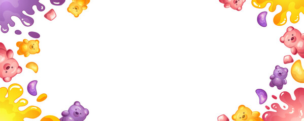 Jelly bear border frame with Colorful marmalade, worms, candies and sweets. Vector template isolated on white background