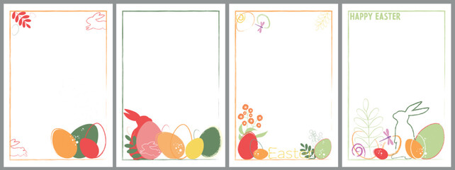 Easter white Flyer templates set, abstract background, watercolor brush Easter eggs, rabbit, bunny ears pastel  red, green, pink, orange. Pattern for presentation, brochure, banner, poster design.