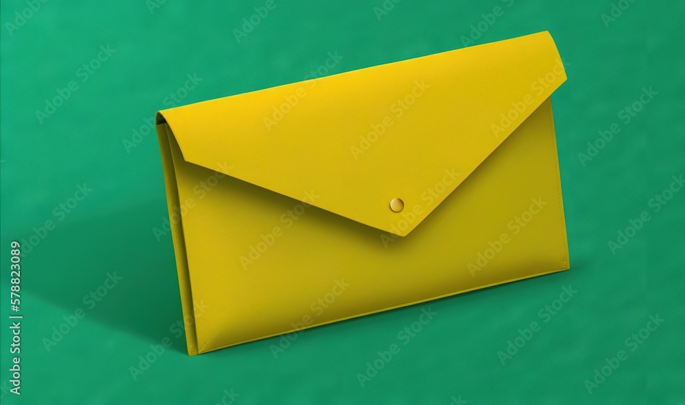 Poster a yellow envelope on a green surface with a button on it. generative ai