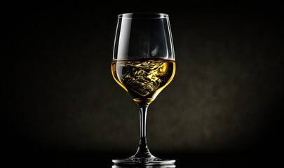  a wine glass filled with a liquid on a black background.  generative ai
