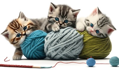  three kittens playing with balls of yarn and a crochet hook.  generative ai
