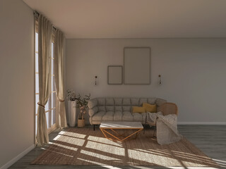 Living room design, 3d render, 3d illustration