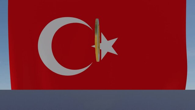 Bitcoin bouncing and spinning in front of Flag of Turkey
