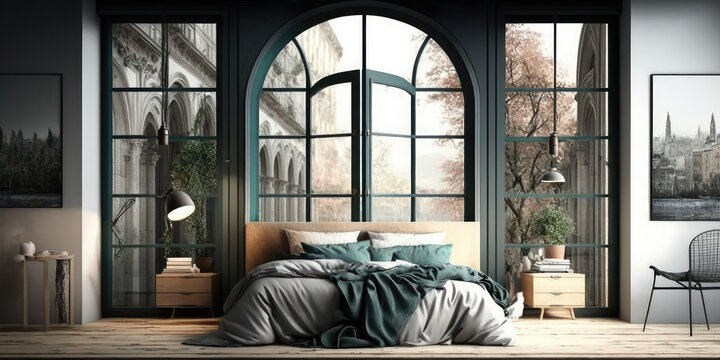 Modern open-plan bedroom, large windows, 3d render, generative ai