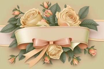 Rose banner on pastel background with ribbon. Wide empty space in the middle. Generative AI. - 578823402