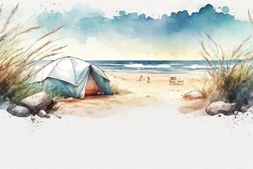 Watercolor banner featuring a summer beach camping scene with space for text. Generative AI. - 578823425