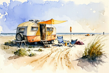 Watercolor of a summer beach camping scene. Generative AI. - 578823430