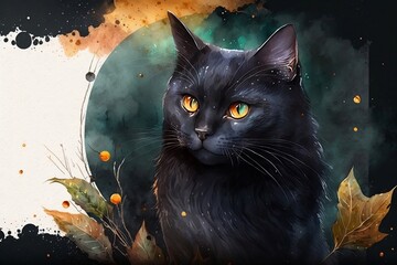Watercolor banner with black cat for Halloween, copy space. Generative AI. - 578823435