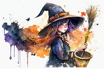 Watercolor witch with broom for Halloween. Generative AI. - 578823468
