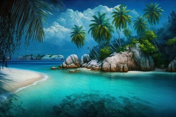 Fototapeta na wymiar Paradise island beach with palm trees and blue water. Generative AI.