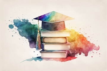 Watercolor banner featuring a graduation hat and books with empty space for text. Generative AI. - 578823487
