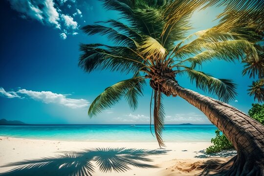 Tropical beach with palm tree. Generative AI.