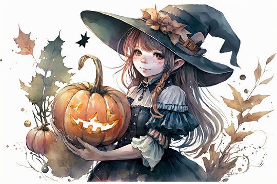 Watercolor witch with pumpkin for Halloween. Generative AI.