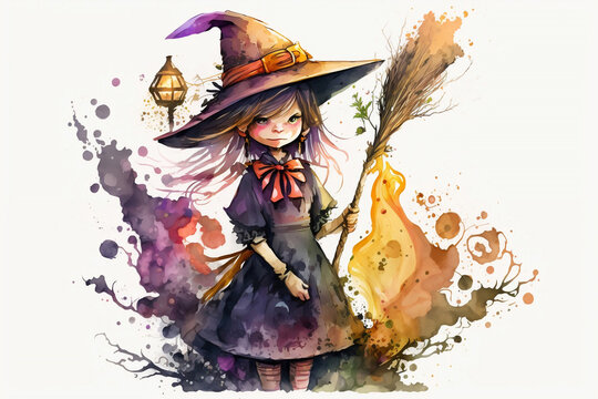 Watercolor witch with broom for Halloween. Generative AI.