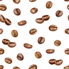Watercolor illustration of coffee beans, seamless pattern, isolated on white background.