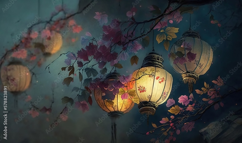 Aufkleber a bunch of lanterns that are hanging from a tree branch. generative ai