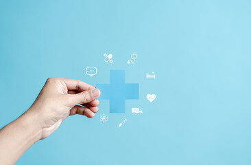 Health insurance concept. people hand holding plus and healthcare medical icon, health and access...