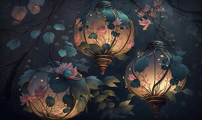 a painting of three hanging lanterns with flowers on them and leaves on them.  generative ai