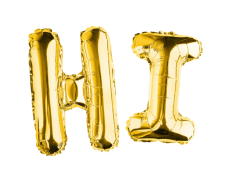 The word Hi made of golden, balloons on a transparent background. isolated object. Element for design