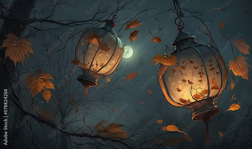 Poster a couple of lanterns sitting on top of a tree branch. generative ai