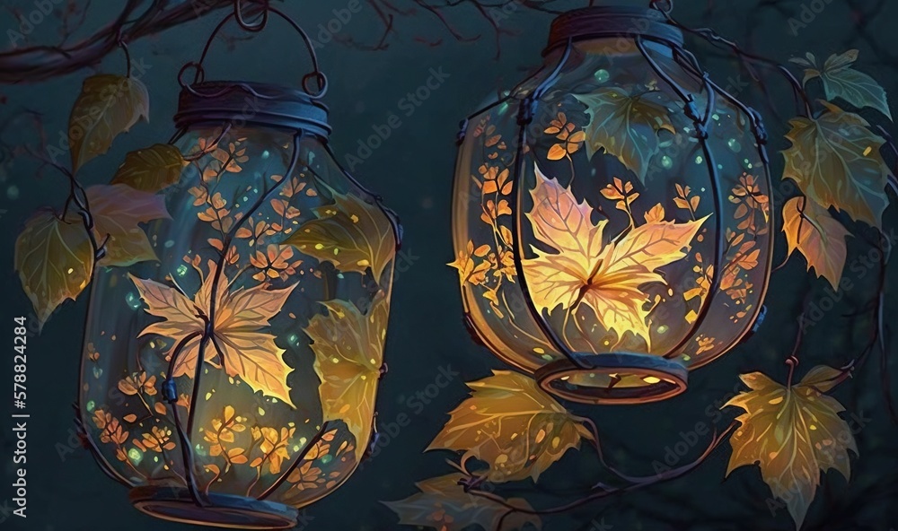 Poster two lanterns with leaves on them hanging from a tree branch. generative ai