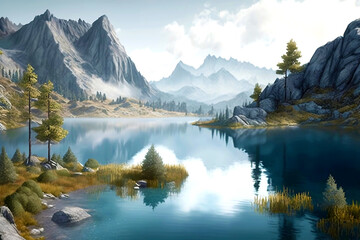 Realistic lake and mountain landscape wallpaper design illustration created with Generative AI technology