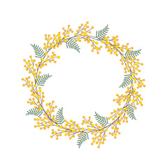 Round wreath of mimosa branches. Cute spring vector frame for cards, invitations.