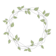 Line drawing spring vector round wreath with green leaves.