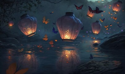  a group of lanterns floating on top of a river next to a forest.  generative ai