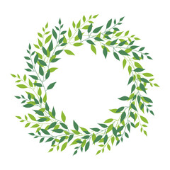 Obraz premium Round wreath of green branches with leaves.